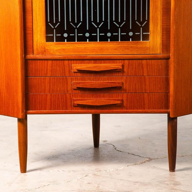 Mid Century Danish Modern Corner Cabinet Teak Wood Bar Denmark Drawers Glass MCM For Sale - Image 9 of 11