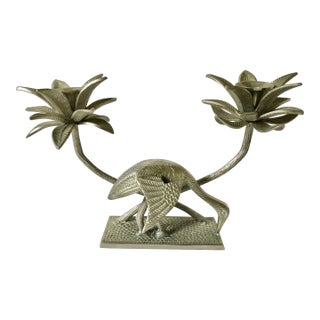 Vintage Handwrought Candlestick Holder With Bird and Lotus Flower Design For Sale