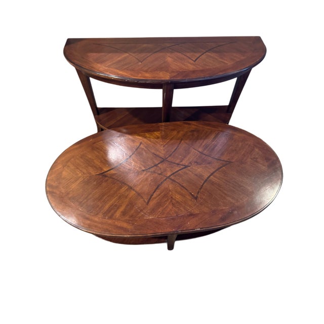 Traditional Set of 2 Solid Cherry Wood Tables With Walnut Inlays - One Coffee and One Console For Sale - Image 3 of 12