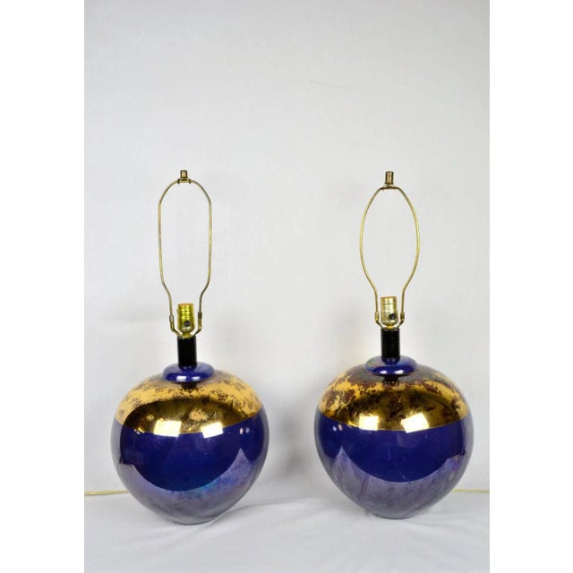 1990s Pair Round Blue and Gold Iridescent Table Lamps | by Casual Lamps 1980 For Sale - Image 5 of 11