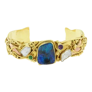 Estate Opal Pearl Tsavorite Amethyst Two-Tone Gold Cuff Bracelet