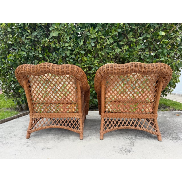 Wood Vintage Palm Beach Style Rolled Arm Wicker Lounge Chairs – A Pair For Sale - Image 7 of 12