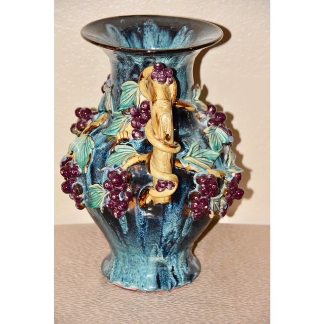 French Antique Majolica Flambé Vase/Urn Relief Grapes Leaves For Sale - Image 3 of 8