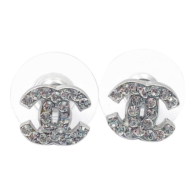Chanel Classic Silver CC Crystal Oval Small Piercing Earrings, A Pair For Sale