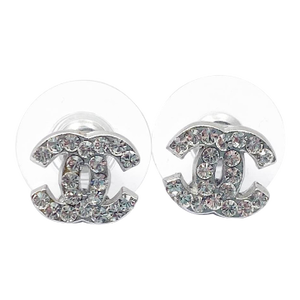 Chanel Classic Silver CC Crystal Oval Small Piercing Earrings, A Pair