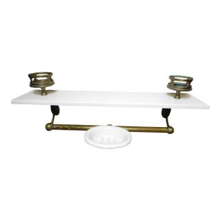 Antique Opal Glass Bathroom Shelf With Brass Cups and Soap Dish For Sale