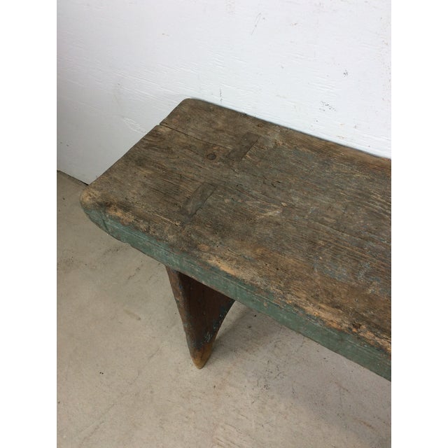 1930s Antique Primitive Farmhouse Wood Bench With Chippy Paint Patina For Sale - Image 5 of 18