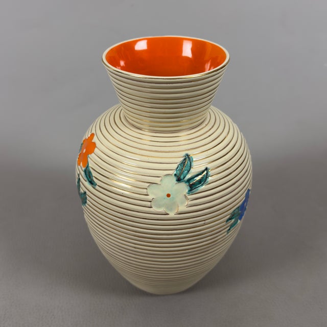 Vintage Beige and Orange Ceramic Vase with Relief Flowers from Umbertide Fornaci For Sale - Image 3 of 11