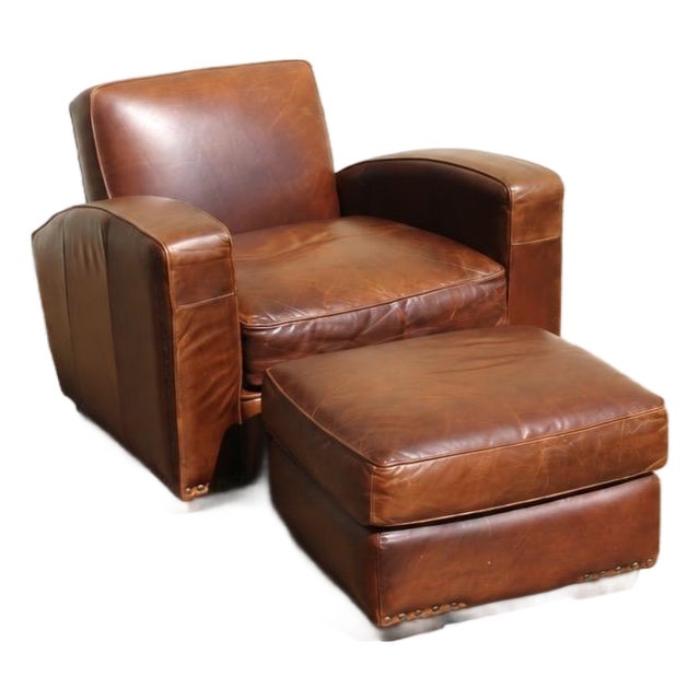 Art Deco Revival Distressed Brown Leather Club Chair & Ottoman, Circa 1980s For Sale