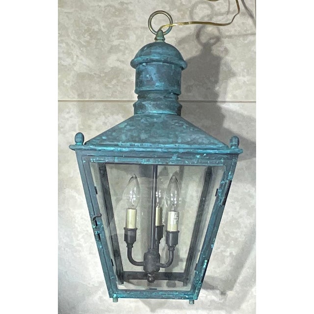 American Vintage Solid Copper and Brass Hanging Lantern / 12”x 12”x 23” High For Sale - Image 3 of 17