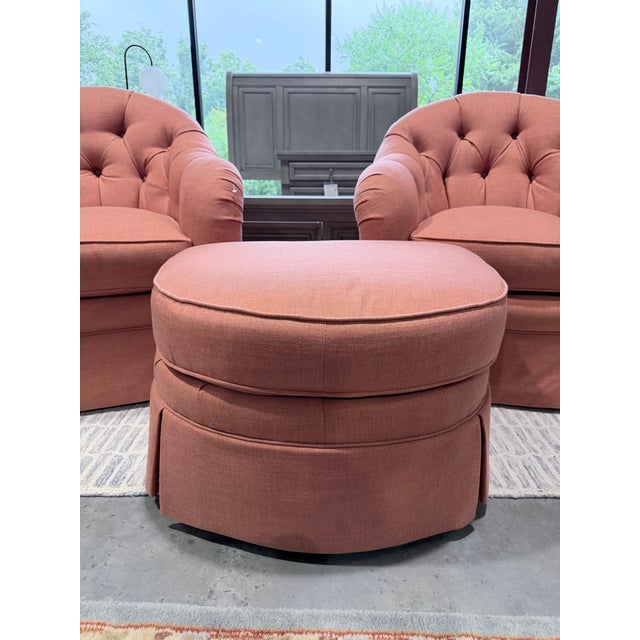 Salmon Set of Kravet Tufted Swivel Club Chairs With Matching Ottoman For Sale - Image 8 of 12