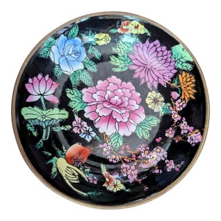 Vintage Chinese Enamel Ceramic and Brass Decorative Bowl Wall Hanging For Sale
