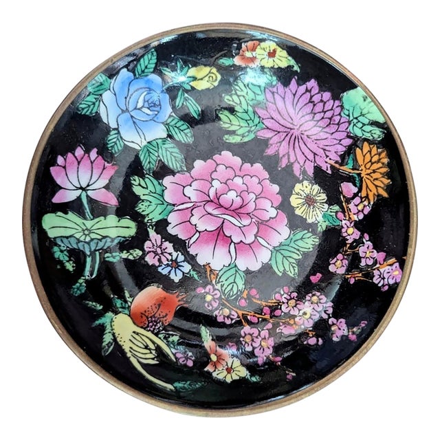 Vintage Chinese Enamel Ceramic and Brass Decorative Bowl Wall Hanging For Sale