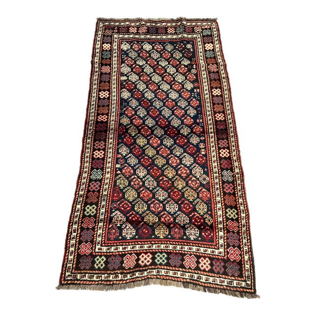 Antique Caucasian Tribal Medallion Rug With Rare Geometric Design in Navy and Terracotta Rug For Sale