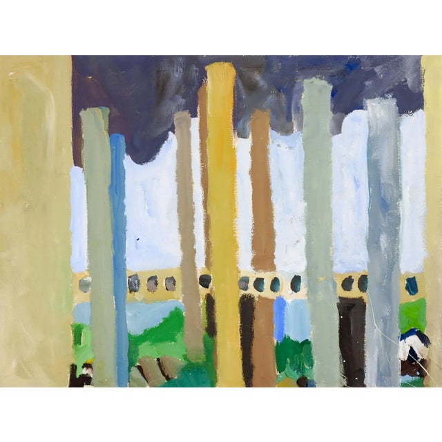 Contemporary Vintage Abstract Structure Street View Gray Blue & Mustard Painting For Sale - Image 3 of 3