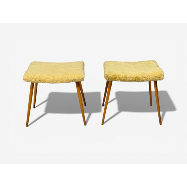 Mid-Century Modern Swedish Modern, Footstools, Imitation Fur, Wood, Sweden, 1950's For Sale - Image 3 of 9