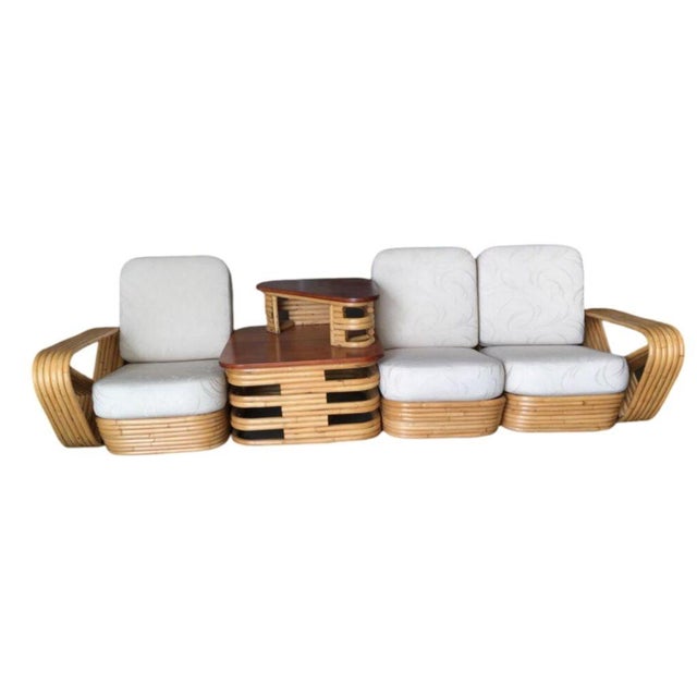 Mid-Century Modern Restored MCM 6-Strand Square Pretzel 3 Seat Rattan Corner Sofa W/ Table For Sale - Image 3 of 7