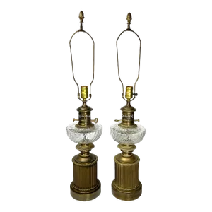 Vintage Swirl Glass and Metal Oil Lamp Style Table Lamps - a Pair
