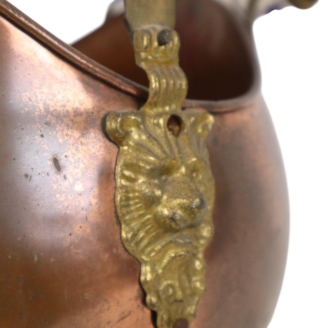 Metal Antique Copper Helmet-Shaped Coal Scuttle with Lion Heads and Delft Ceramic Details For Sale - Image 7 of 15