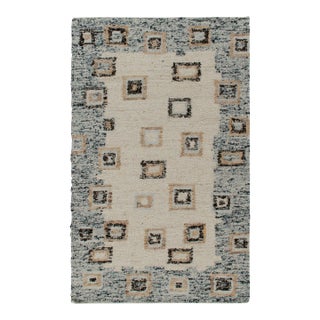 Deco Modern Kilim Rug in White, Blue Border, Geometric Patterns, by Rug & Kilim For Sale