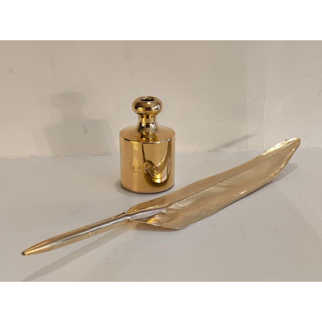 Baroque Vintage Gilt Gold Solid Brass Quill Pen and Inkwell Set For Sale - Image 3 of 10