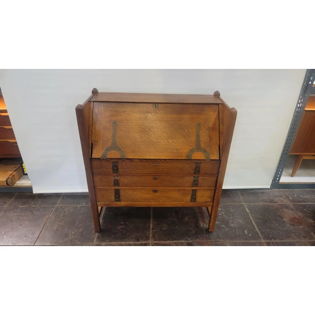 Mission Charles Limbert Strap-Hinge Three Drawer Drop Front Desk C .1910 Rare For Sale - Image 12 of 12