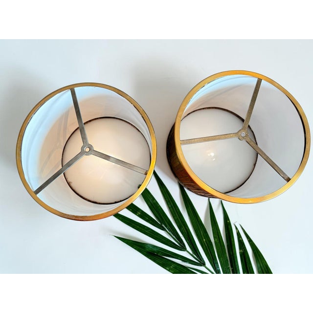 Wood Vintage Mid Century Modern Split Bamboo Lamp Shades Pair-Brass-Tiki-Organic Modern-Tropical - a Pair For Sale - Image 7 of 11
