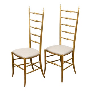 Pair of Midcentury Italian Gilt Wood High Back Side Chairs with Upholstery For Sale