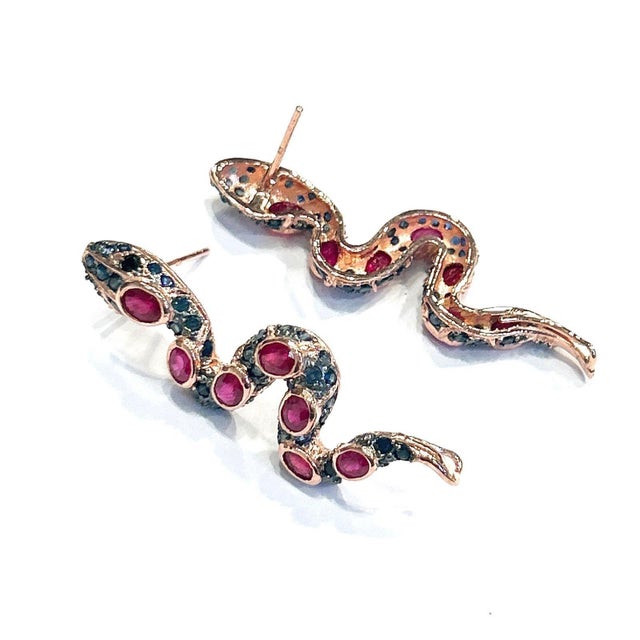 Contemporary Bochic “Orient” Ruby & Multi Sapphire Serpent Earrings Set In 18K Gold & Silver For Sale - Image 3 of 9