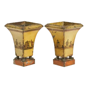 19th Century French Empire Tole Paint Decorated Urns With Figures on an Ochre Ground Circa 1830 - a Pair