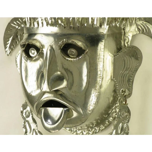 Paint Stamped & Polished Metal Tribal Mask Wall Hanging For Sale - Image 7 of 9