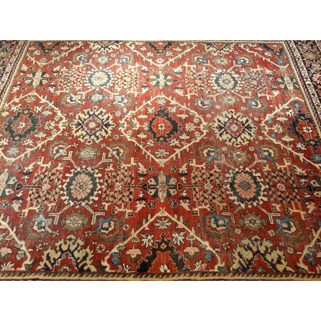 19th Century Antique Persian Mahal Sultanabad Rug, Hand-Knotted Wool, Geometric Pattern, 11x13, Red & Navy For Sale - Image 5 of 10