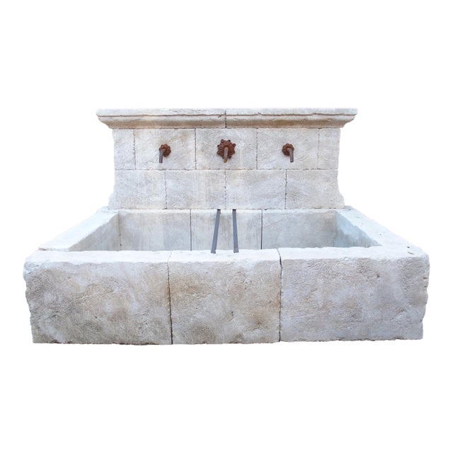 Large Sault Triple Spout Limestone Wall Fountain From Provence, France For Sale