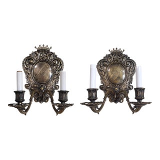 Pair Antique American Coat of Arms Crown Silver Plate Bronze Wall Sconces C&A For Sale