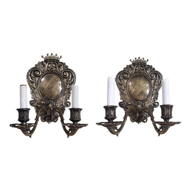 Pair Antique American Coat of Arms Crown Silver Plate Bronze Wall Sconces C&A For Sale