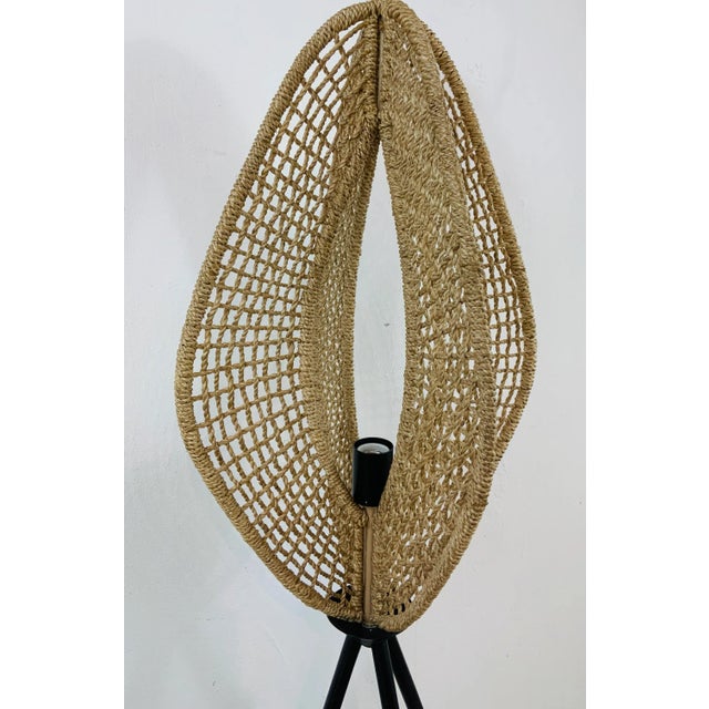 Stylish Currey & Co. Organic Modern Basket Weave Rope Floor Lamp Prototype, black metal legs, showroom floor sample