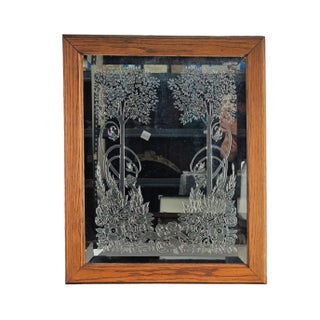 Etched Floral Fantasy Mirror Forest Nature Oak Frame 26" For Sale