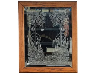Etched Floral Fantasy Mirror Forest Nature Oak Frame 26"