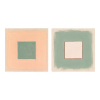 Pair of Sage Green, Pale Pink and Peach Abstract Art Prints | Set of 2, 30 X 30 In. Prints, Unframed For Sale
