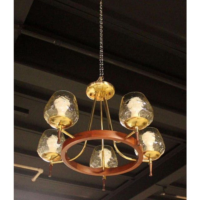 Brass & Walnut Danish Modern Five-Light Champagne Glass Shades Chandelier For Sale - Image 10 of 10