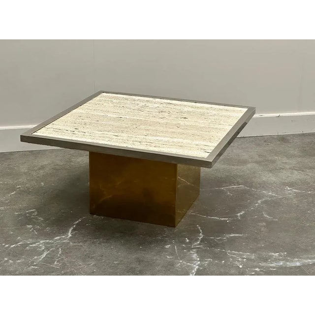 White Brute Travertin Coffee Table with Brass Base and Chrome Edges, 1970s For Sale - Image 8 of 11