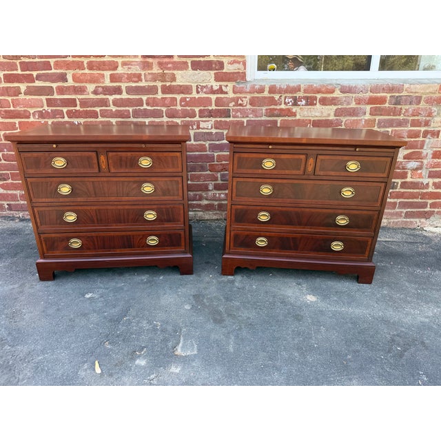 Pair of Late 20th Century Hekman Copley Place Georgian Chippendale Style Inlaid Flame Mahogany Bachelors Chests/...