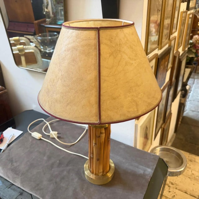 Tan A 1970 Mid-Century Modern Gilt Metal and Bamboo Italian Table Lamp For Sale - Image 8 of 14