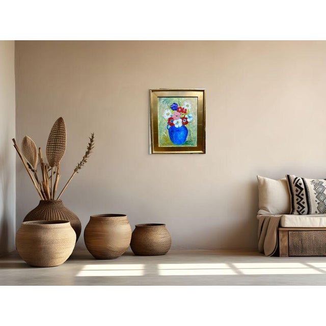 Bright and vibrant original oil painting on a wood panel presented wired and ready to hang in a gilded gold frame. The...