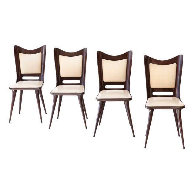 Vintage Italian Beige Skai and Wood Dining Chairs, 1950s, Set of 4 For Sale