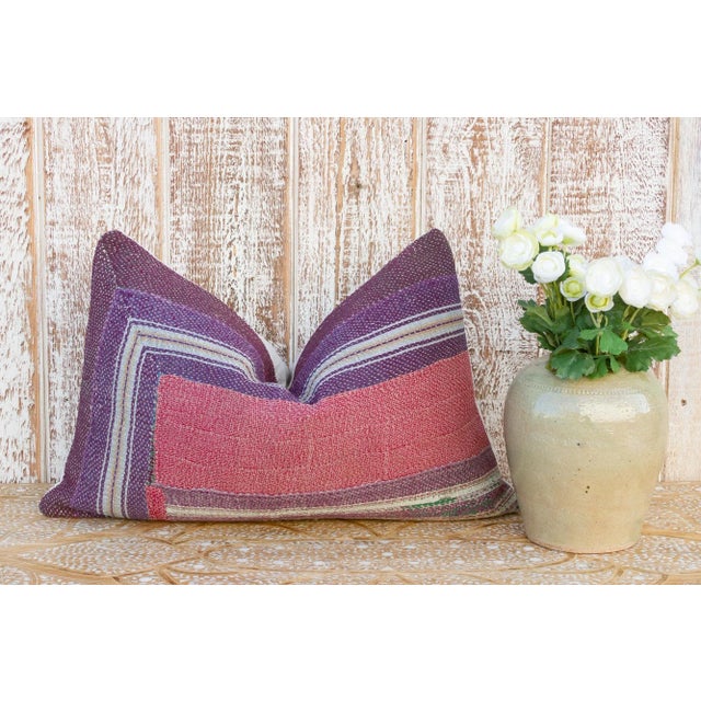 Purple Hema Vintage Lumbar Boho Kantha Pillow For Sale - Image 8 of 9