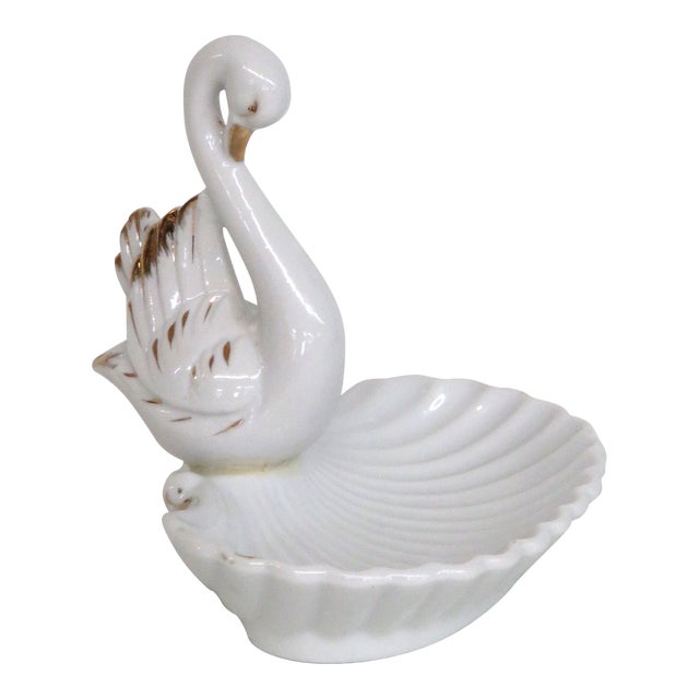 Porcelain Swan Figurine With Gold Trim Shell Trinket Dish Made in Japan 4857b For Sale