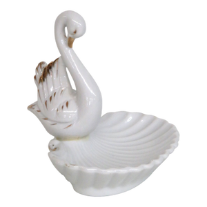 Porcelain Swan Figurine With Gold Trim Shell Trinket Dish Made in Japan 4857b