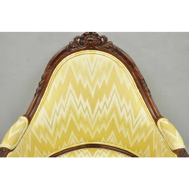 French Antique French Louis XV Style Carved Walnut Yellow Fabric Boudoir Lounge Chair For Sale - Image 3 of 14