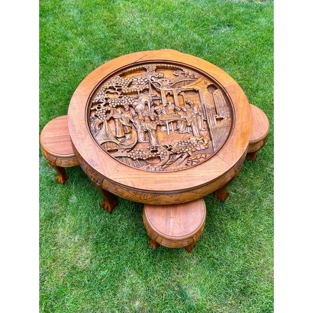 1970s Vintage, Hand-Carved, Fruitwood Coffee Table Set, Complete With Round Protective Glass and Four Matching Stools - Set of 6 For Sale In South Bend - Image 6 of 12